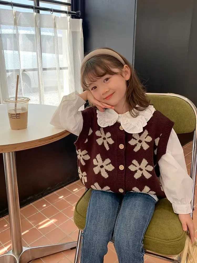 Children Girls Knitting Coat Korean Sweater Kids Winter Sleeveless Waistcoats Clothings Fashion Vintage Baby Toddler Vest TopXJ240819