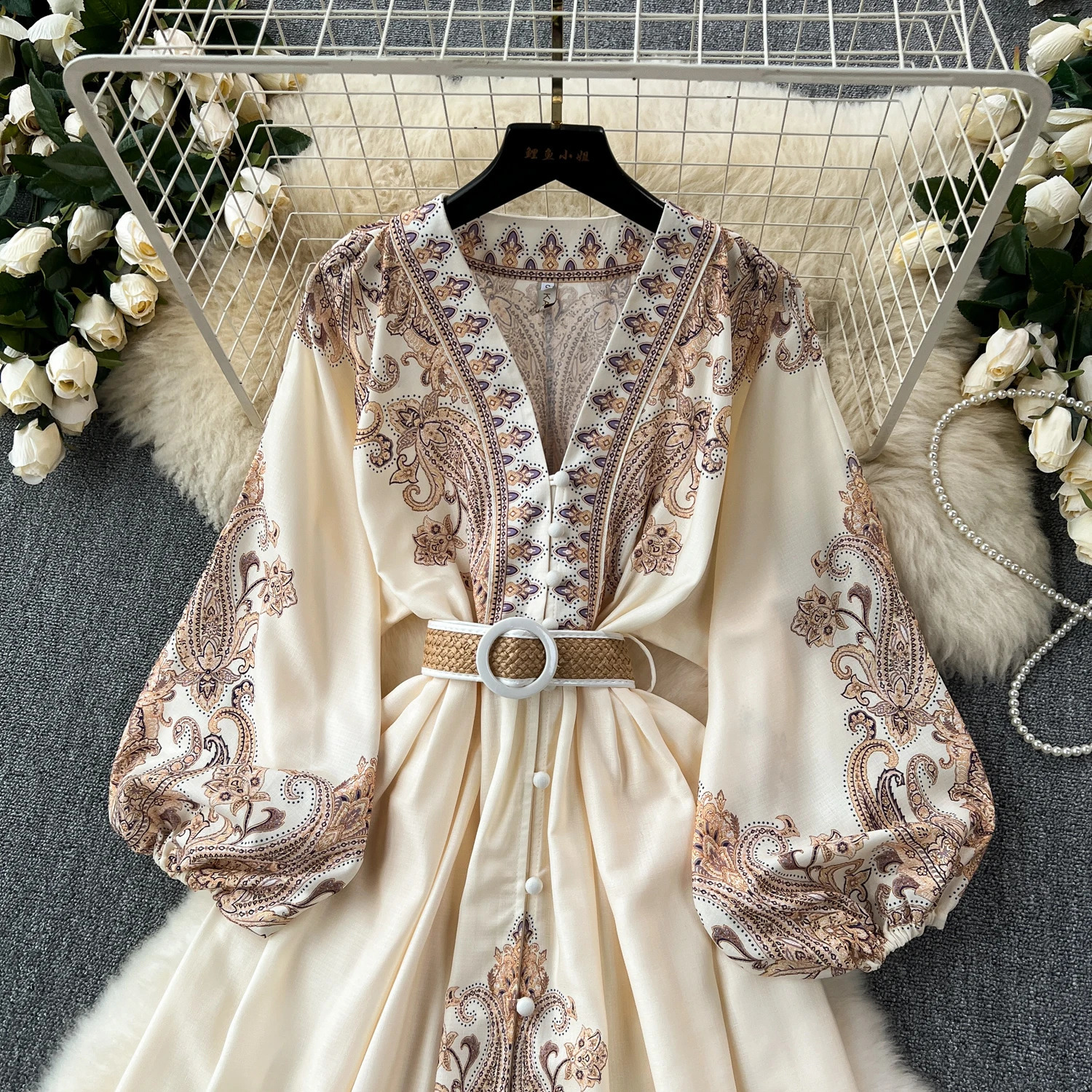 French Vintage Elegant v Neck Puff Sleeve Print Dress A-line Fashion Spring Summer Vestidos Women Dresses