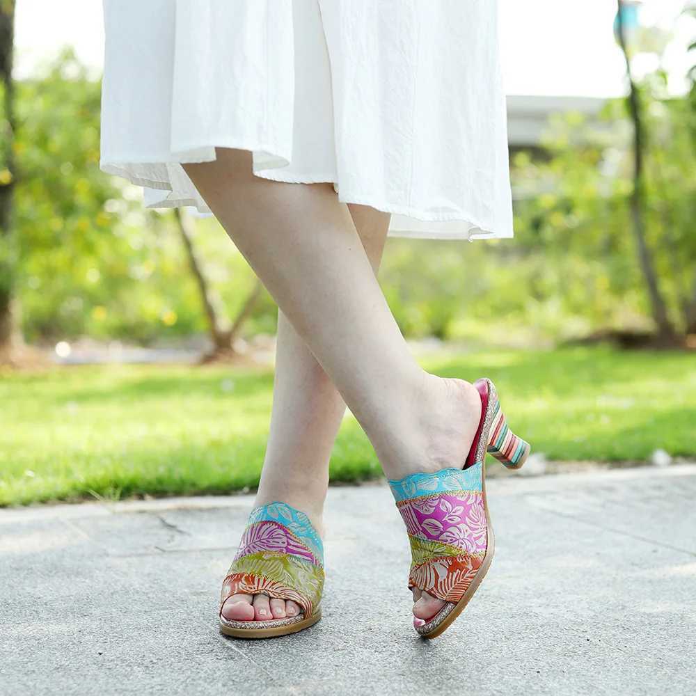 vicconfy 2024 New Style Summer Leather Retro Colour Blocking High Heeled Sandals Slippers CL240806