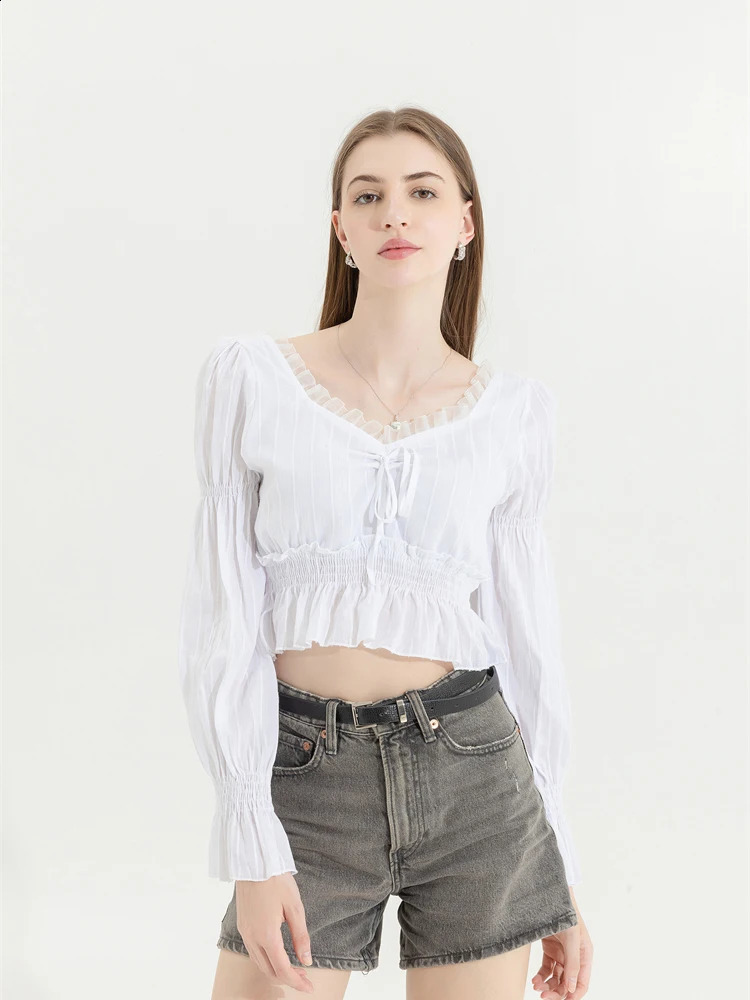 French pleated lantern womens long sleeved shirt springsummer item retro white square collar top 240819
