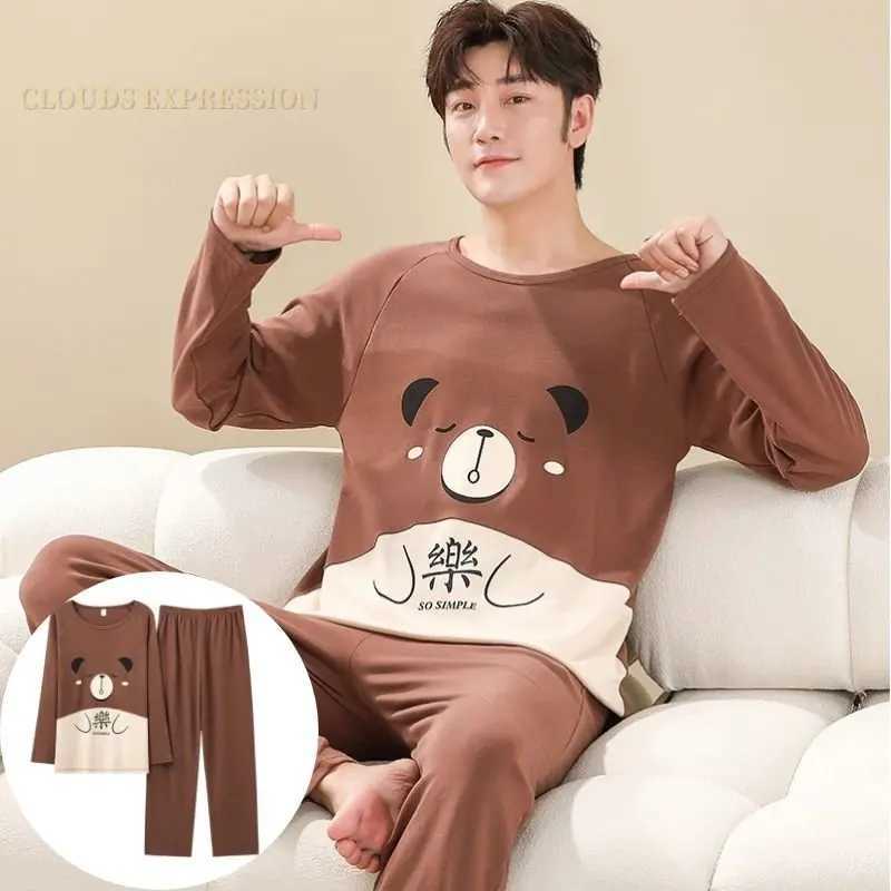 Autumn and Winter Mens Cotton Sleepwear Letter Striped Sleepwear Cartoon Sleepwear Set Casual Sleep and Lounge Sleepwear Plus Size 4XL SleepwearW24071