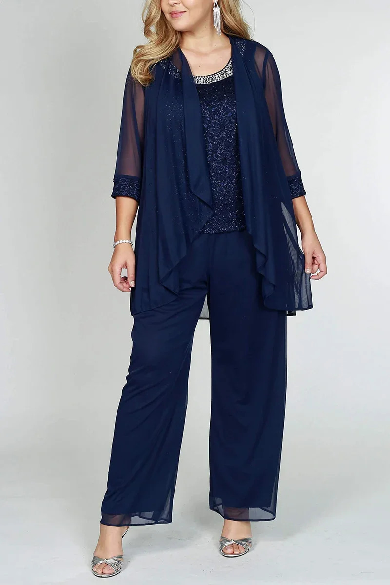 Women Fashion Chiffon Three Piece Matching Set 34 Sleeve 2024 Wide Leg Pant and Chiffon Cardigans Casual Loose Outfit Set 240819