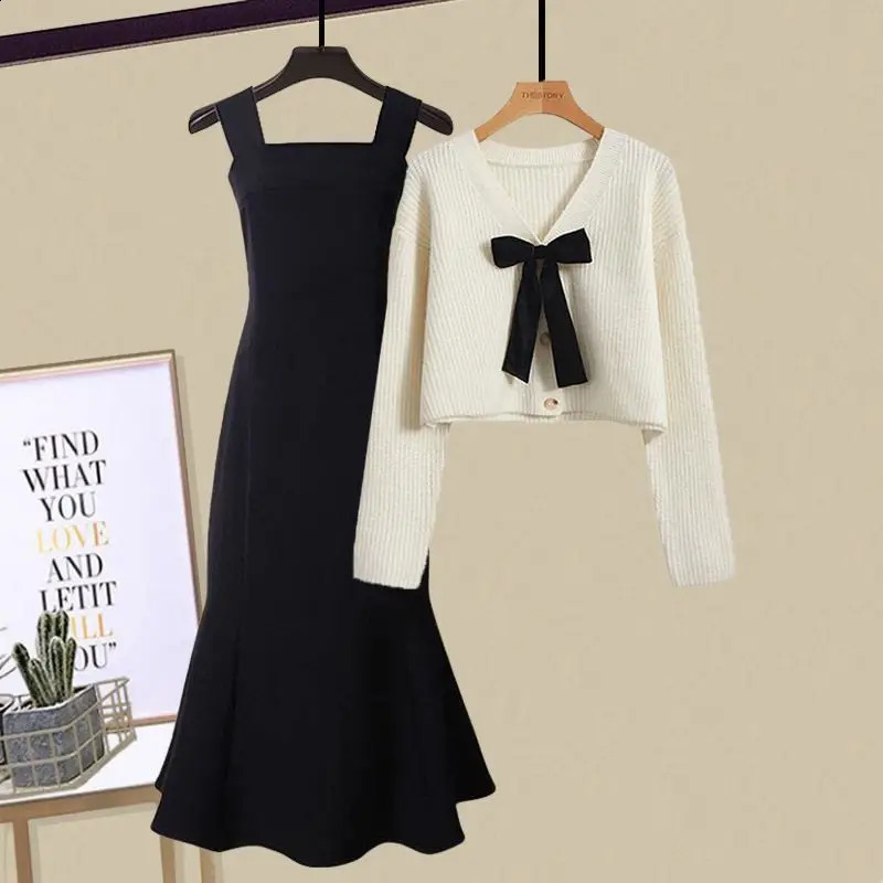 Spring and Autumn Fashion Set Womens Korean Edition Slimming Knitted Cardigan Versatile Fishtail Skirt Two Piece Set 240820