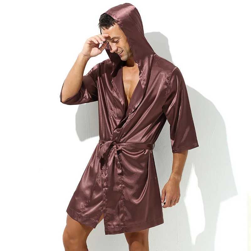 Mens hooded sweatshirt silk satin kimono pajamas half sleeved bathroom gown evening gown mens loose night gown casual wear thin underwearW240719