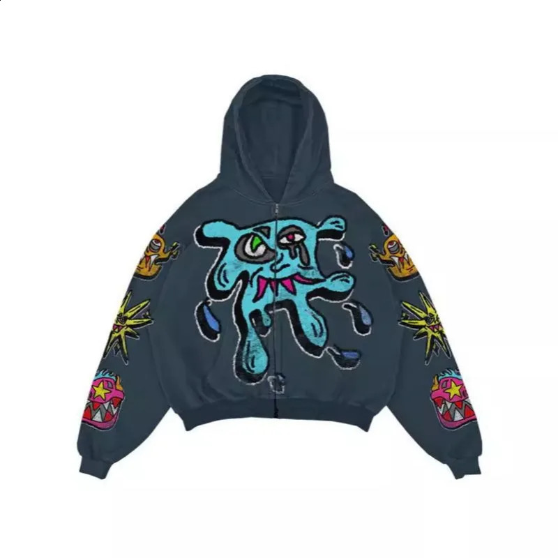 Instagram American Hip Hop Street Graffiti Printed Zipper Hoodie for Men Y2K Retro Gothic Casual Loose Couple Sweatshirts 240819