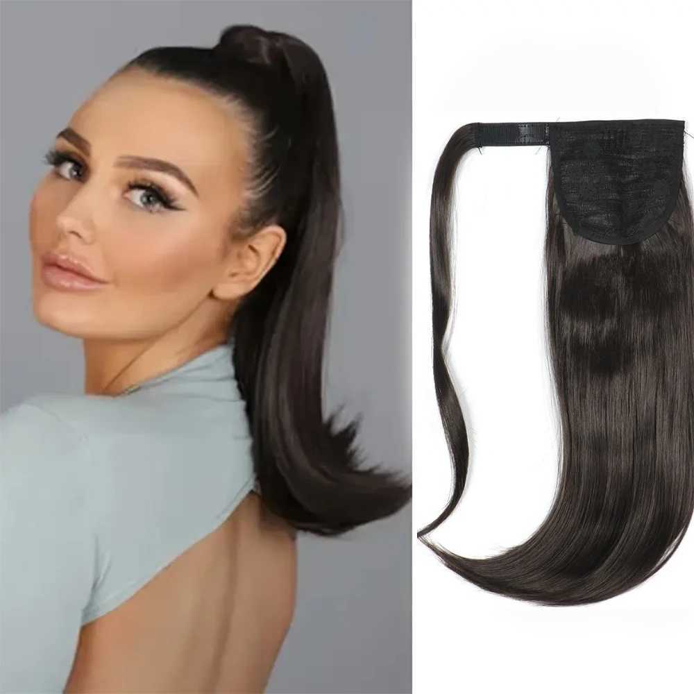 16 inch clip wrap around ponytail synthetic hair extension line straight with slightly curled ends ponytail fake hair W240817