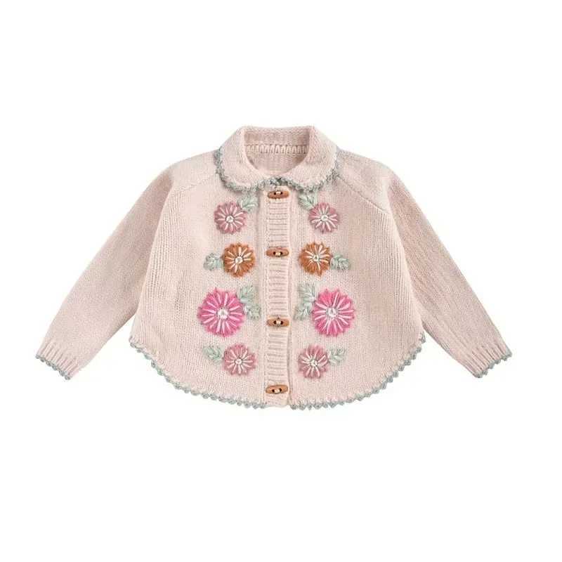 Kids Sweater 2024 Autumn/Winter New LM Girls Flower Embroidered Sweater Long Sleeve Cardigan Sweater Embroidered PantsXJ240819