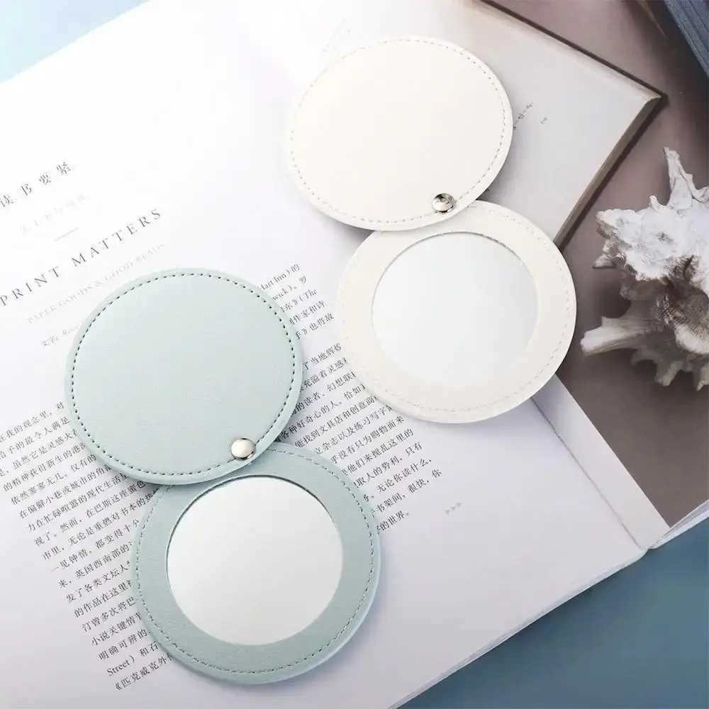 1pc New PU Leather Makeup Mirror Round Ultra-Thin Lightweight Cosmetic Mirror Mini Solid Color Portable Travel Pocket Mirror Y240819