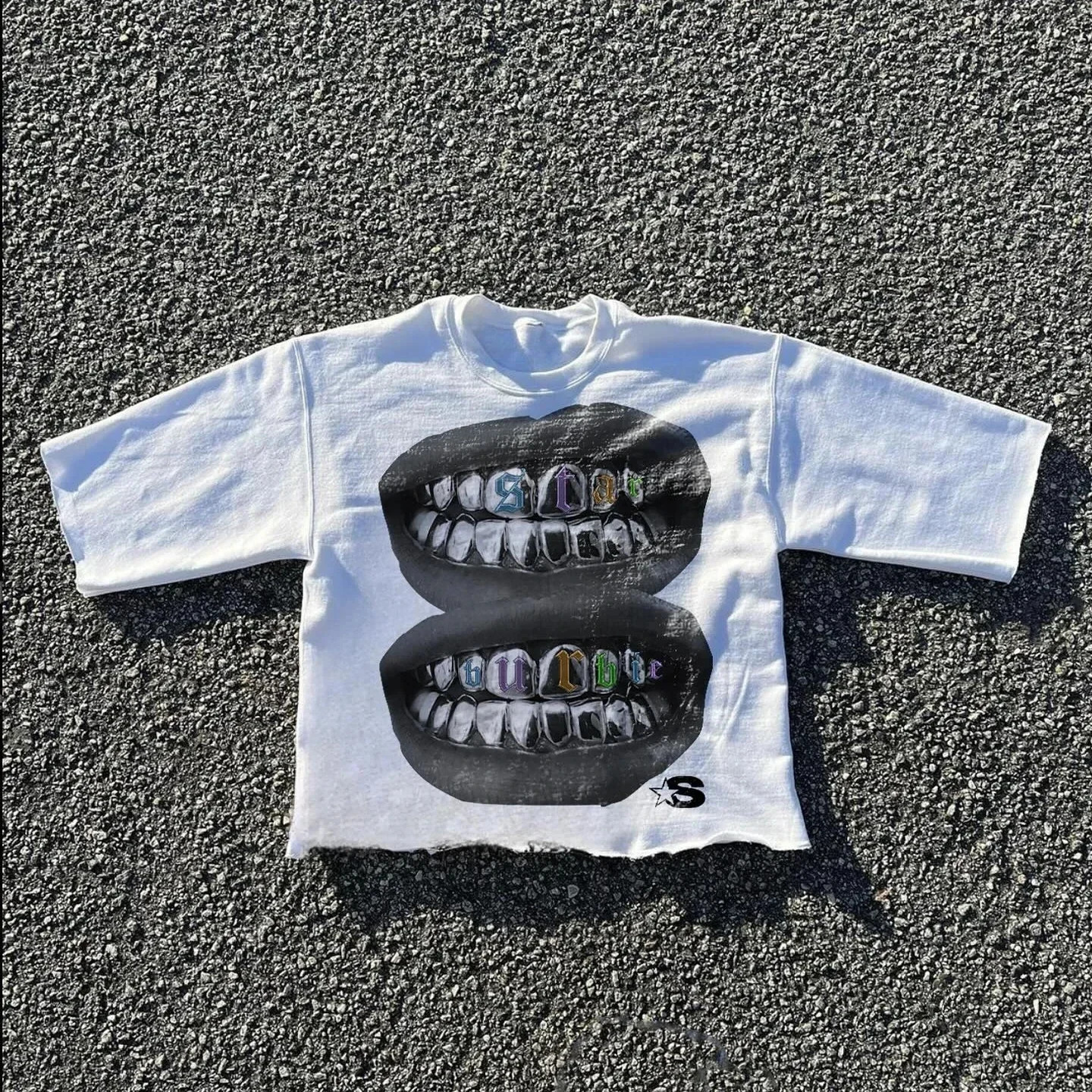Street clothing Tshirt Y2K hiphop teeth graphic printed black oversized mens Harajuku Gothic cotton short sleeved top 240819