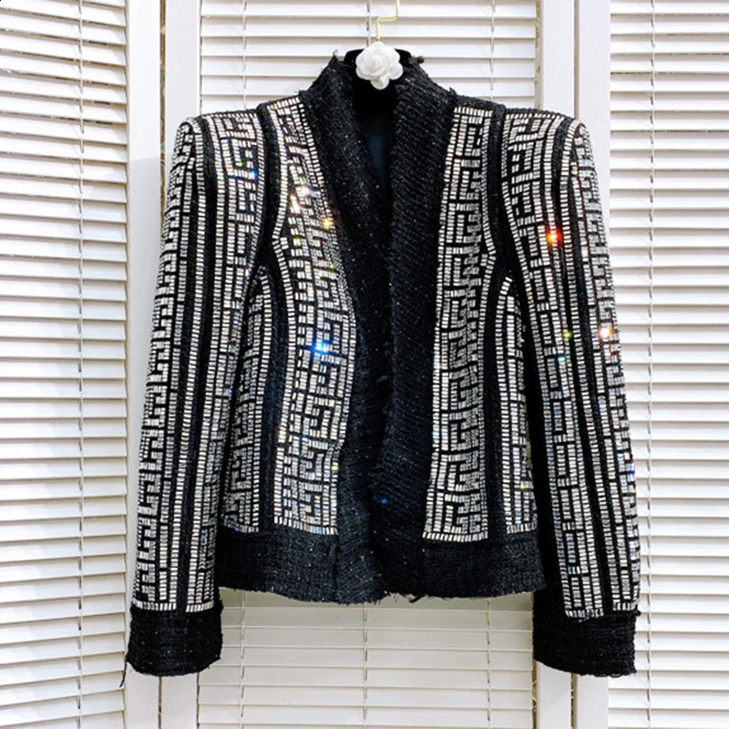 HIGH STREET Latest ner Fashion Womens Shoulder Flower Emblem Rhinestone Diamond Beaded Wool Blended Coarse Linen Jacket 240819