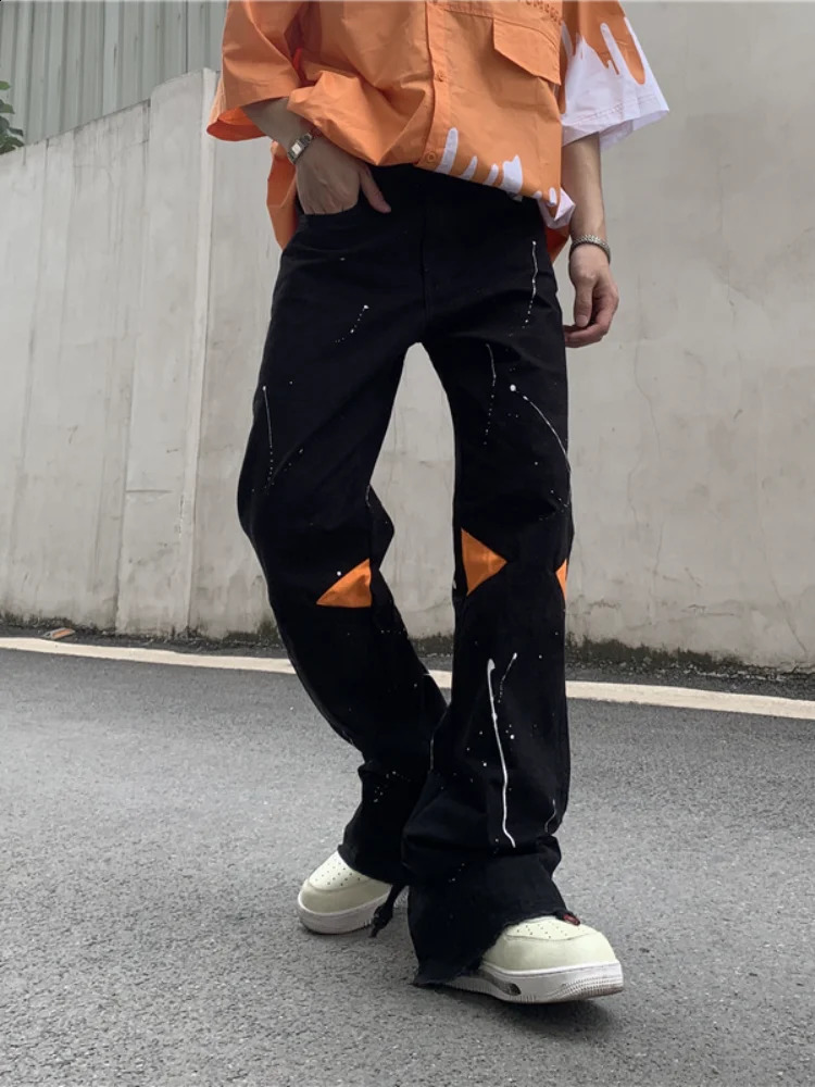 ICCLEK High Street Loose Jeans Zipper Slit Flared Pants Mens Pants Casual Black Denim Pants Stacked Jeans Men Jeans Pants 240819