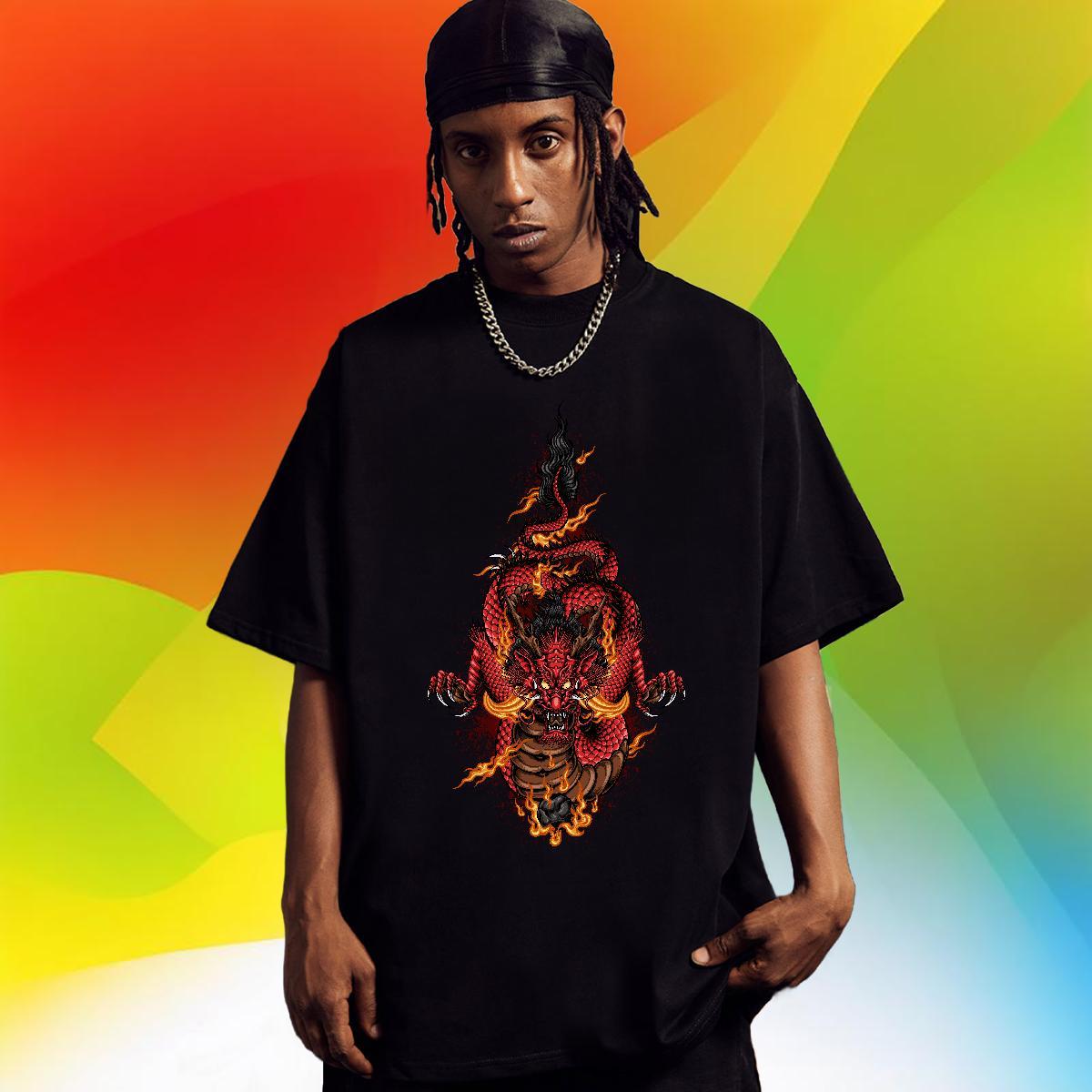 Comfortable Men Tops Tees High Street Hip Hop 100% Cotton 230g Graphic Pure Cotton dragon head Men T Shirts New Designer Polos