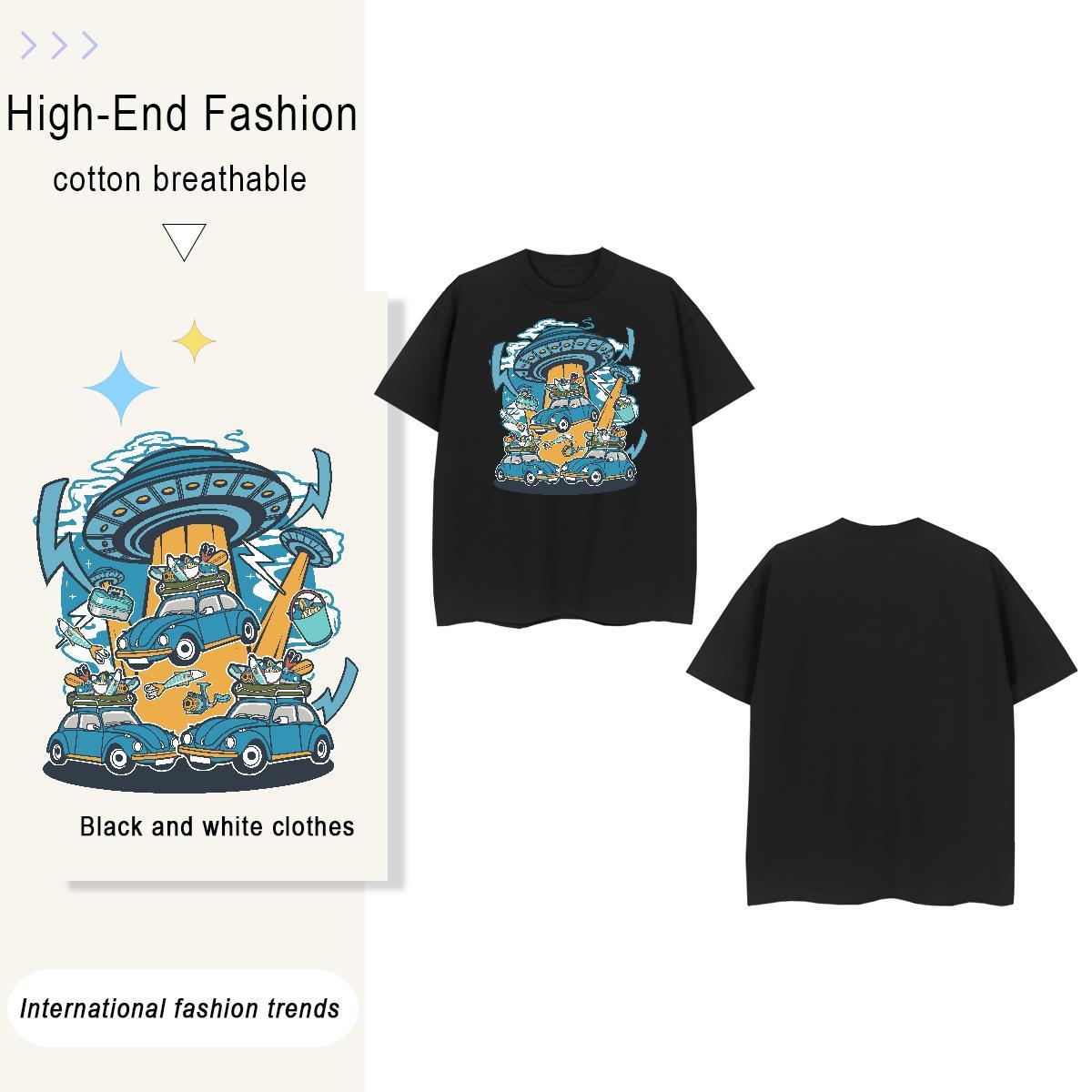 Loose Fit UFO 100% Cotton 230g Men Tops Tees Casual Breathable Short Sleeve Man T Shirts Fashion New Anime Top Tees