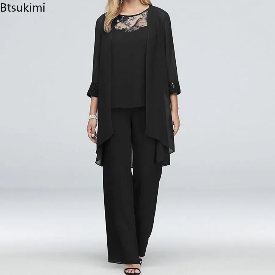 2024 Womens Elegant Pant Sets Formal Office Ladies Oversized Chiffon Lace Suits Straight Pant Cardigan Tops 3 Pieces Sets Woman 240819