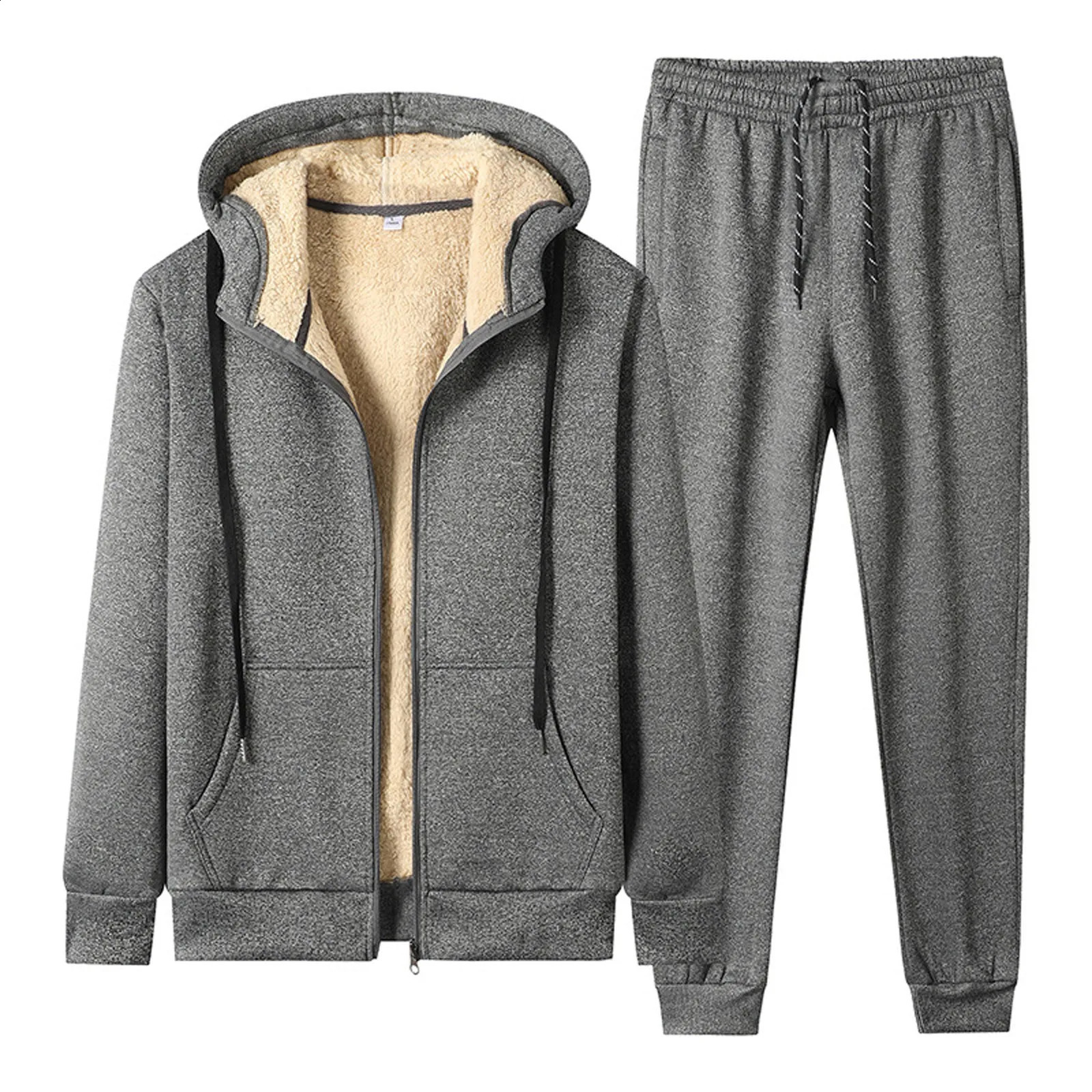 Tracksuit Men 2 Pieces Set Warm Fur Inside Sweatshirt Thicken Jacketpant Set Cardigan Winter Fleece Hood Male Hoodies Coat 240819