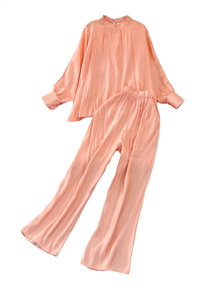 XFPV Women Loose Stand Collar Lantern Sleeve Solid Color Korean Version Coat Wide Leg Pants Two Piece Set Autumn SM9811 240820