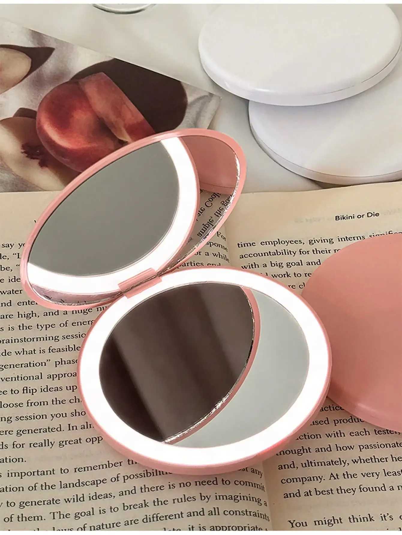LED Foldable Makeup Mirror Women Mini Mirror Small Pocket Mirror Pink And White Luminous Effect Y240819
