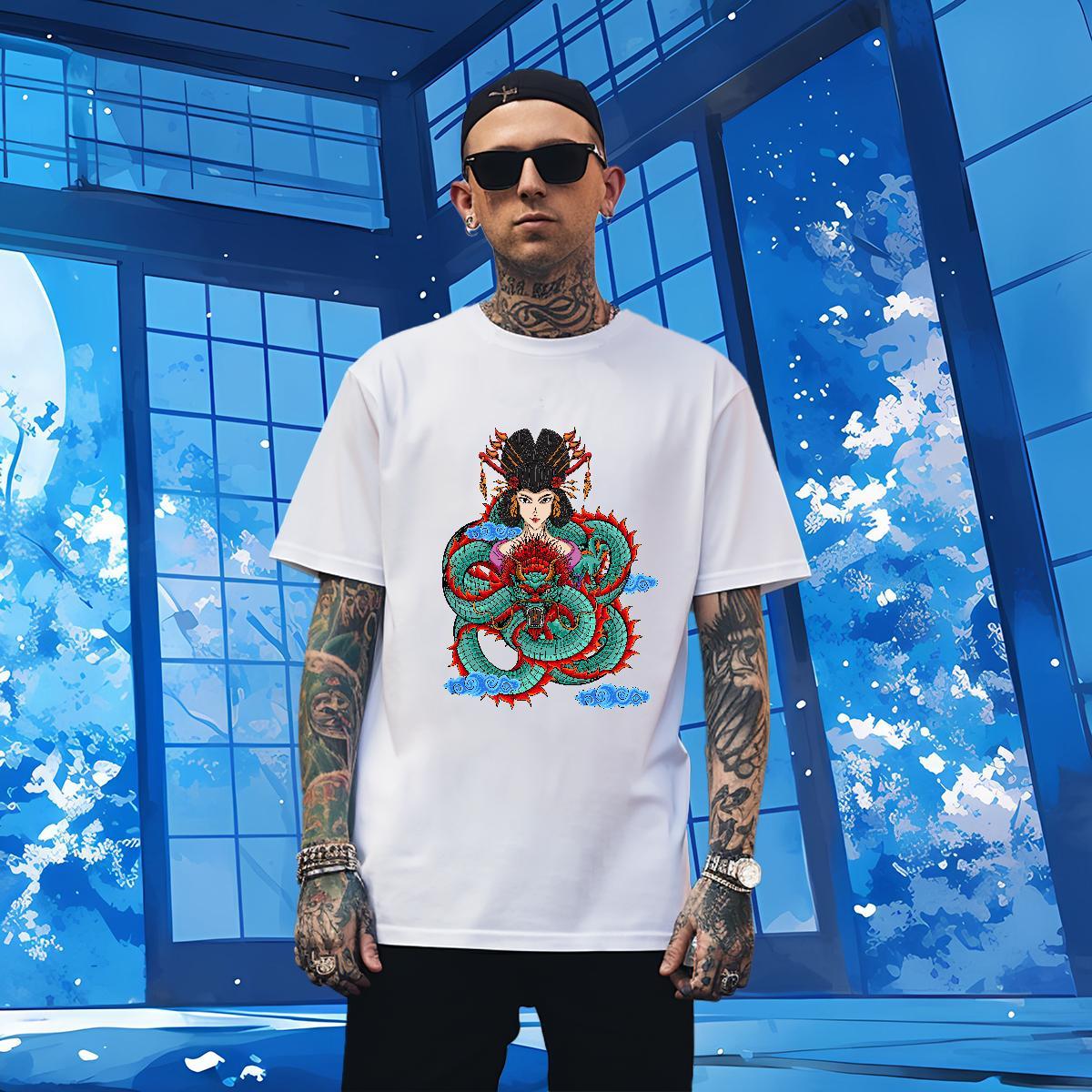 Men T Shirts 100% Cotton 230g dragon Casual Daily Wear Breathable Short Sleeve Anime Print Men Tees Stylist Wholesale Tops Tees
