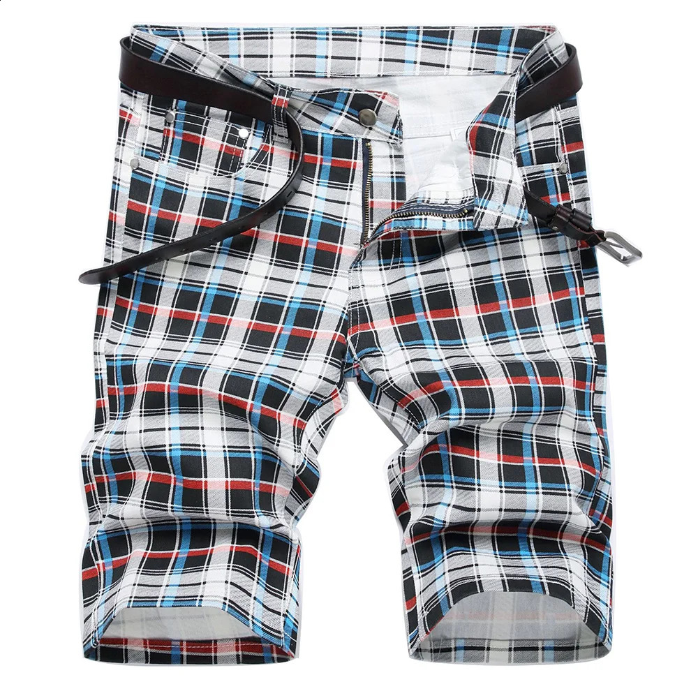 Mens plaid digital printed shorts summer Tatar stretch denim striped fashionable slim fit jeans 240819