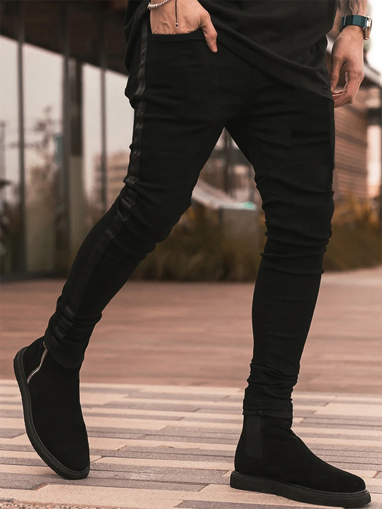 Streetwear mens tight jeans pants pencil bike side striped hiphop slim fit elastic 240819