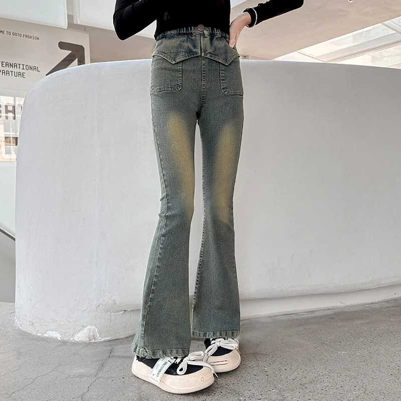 Girls retro triangle denim belly pants suitable for girls older children and children aged 5-14 with elastic belly pantsW240819