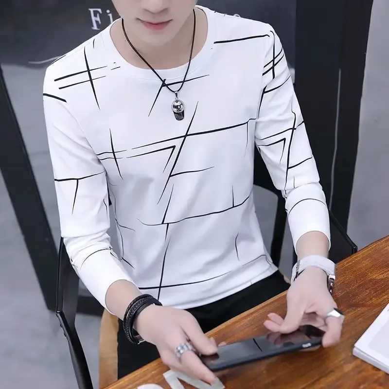 Autumn Long Sleeve Slim Fit Round Neck Mens T-shirt Korean Style Casual Clothes Base Layer Top Smooths Your SilhouetteXJ240819