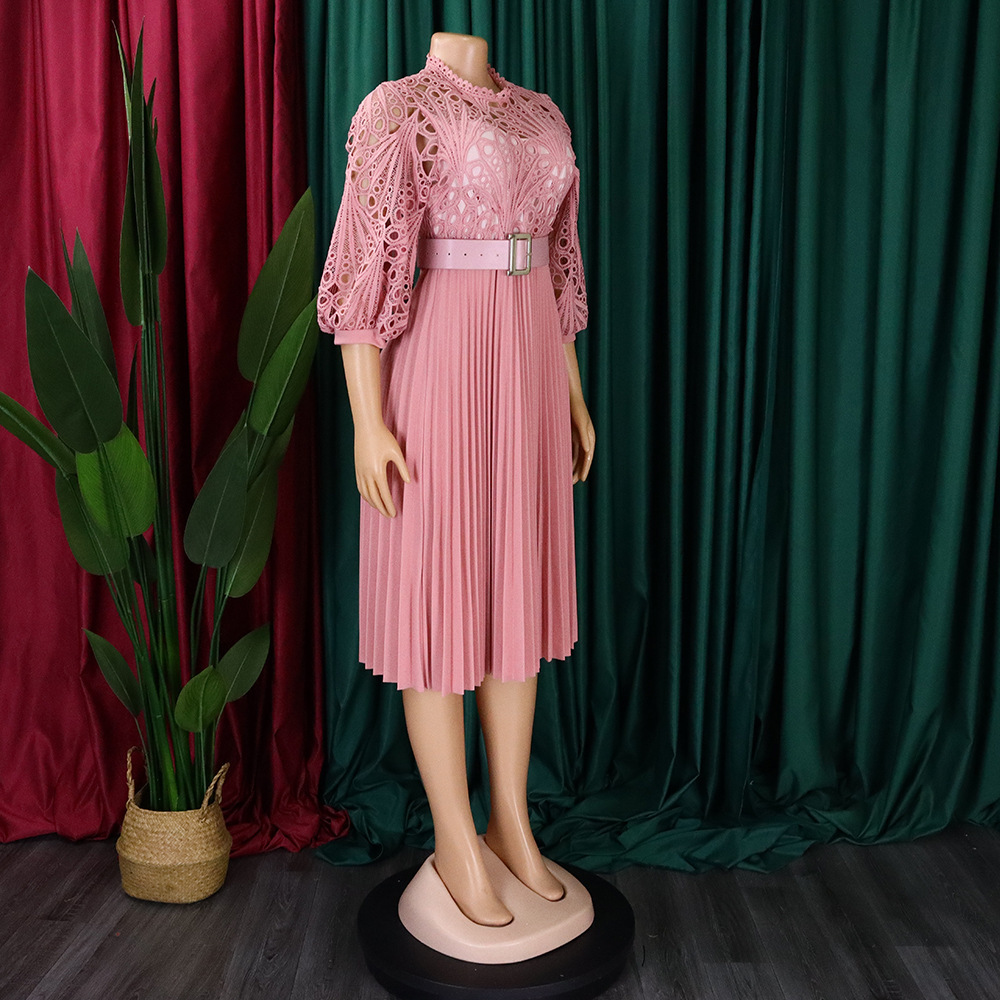Elegant Women's Lace Flower Pleated Skirt - European & American Style Dress with Hook Closure