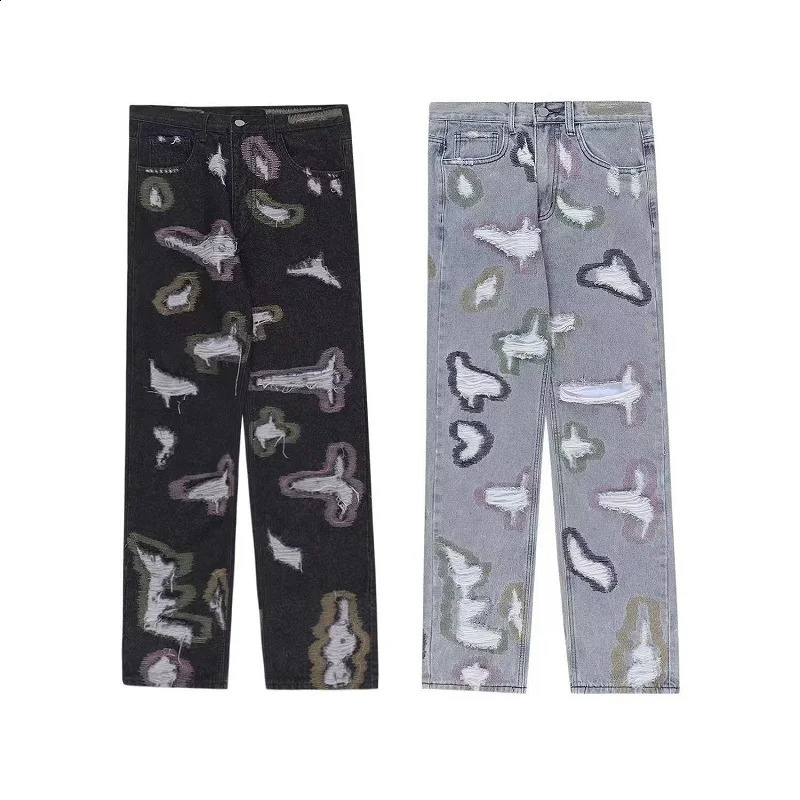 American Heavy Splicing Knife Cut Hole Erosive Patch Jeans Y2k Harajuku High Street Hip Hop Loose Straight Tube Micro-Horn Pants 240819