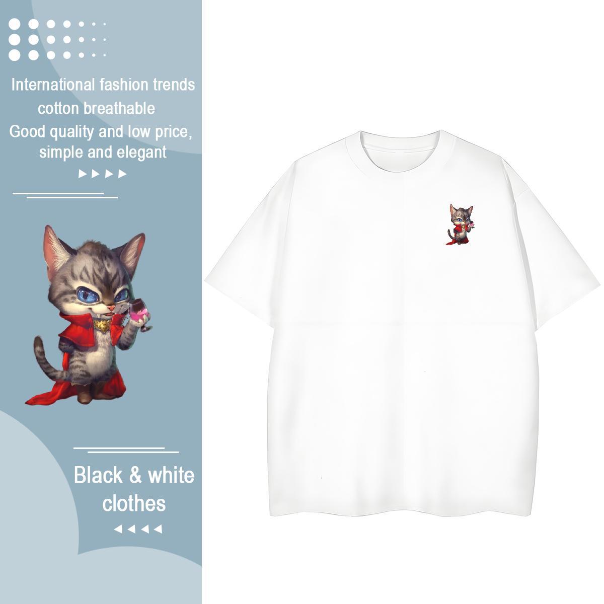 Fashion Casual Tshirts cat Beach 100% Cotton 230g Tees Shirts Round Neck Short Sleeve Free Shipping T-Shirts for Men Black White