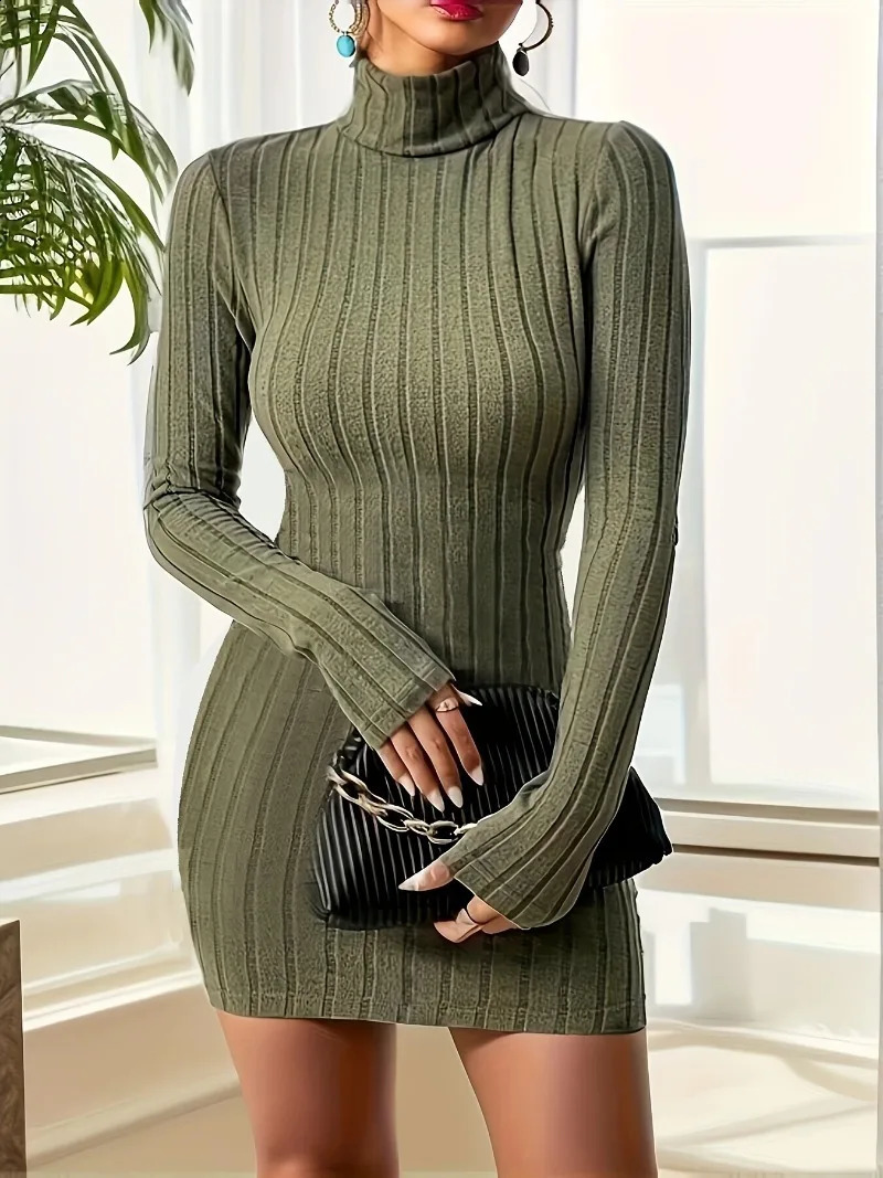 Womens Fashionable and Elegant High Necked Long Sleeved Dress Tight Knit Sexy Slim Fit Short Skirt 240819