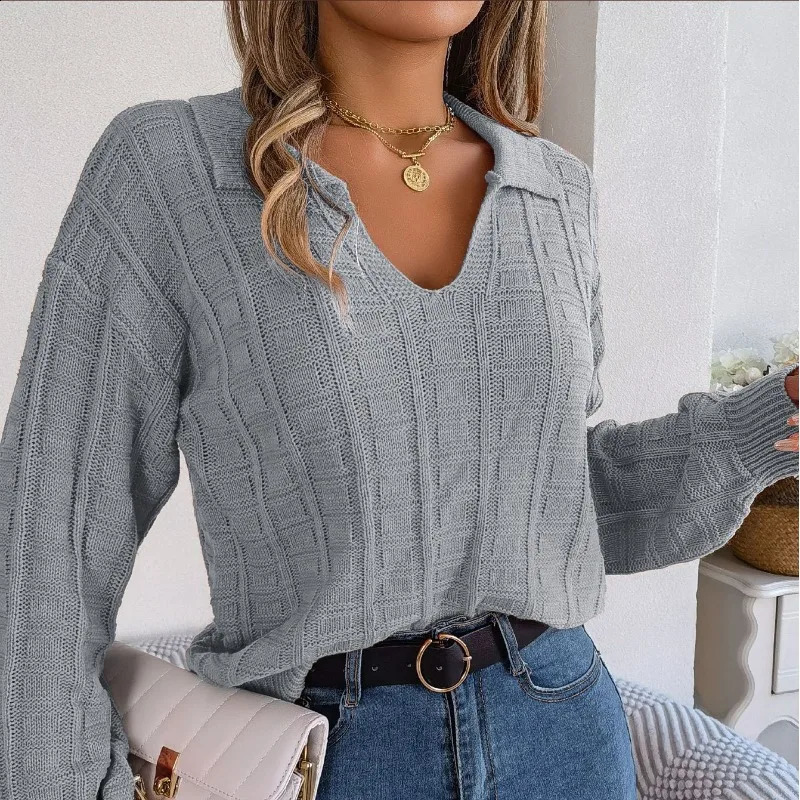 Autumn and winter womens Pullover polo long sleeved solid plain loose office fashionable casual knitted sweater top 240819