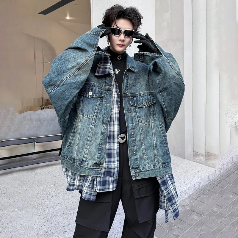 LUZHEN Spring Fashion Grid Loose Shirt Splicing n Cowboy Jacket Mens Street Trend Two LZ3072 240809