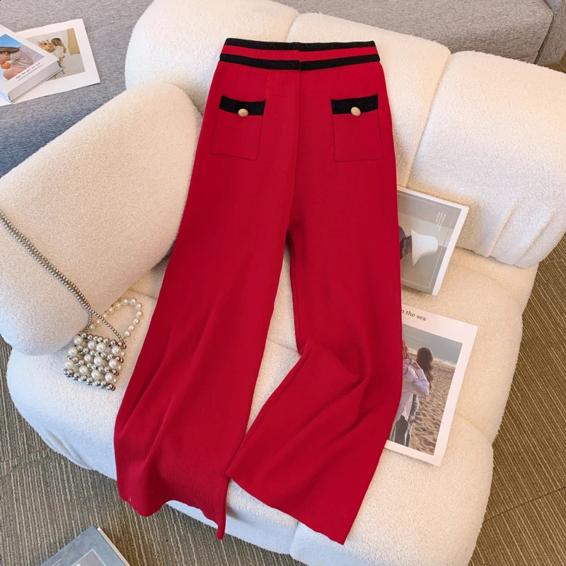 M-4XL Autumn Winter Sweater Trousers Suit Women O Neck Single Breasted Knitted Loose Cardigan Wide-Leg Pants Two Piece Set 240819