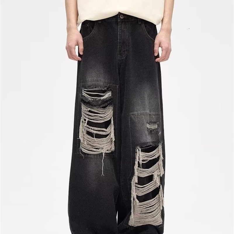 Y2K Man Jeans Korean retro hole repair jeans mens American style high street loose straight wide leg mopping trousers 240819