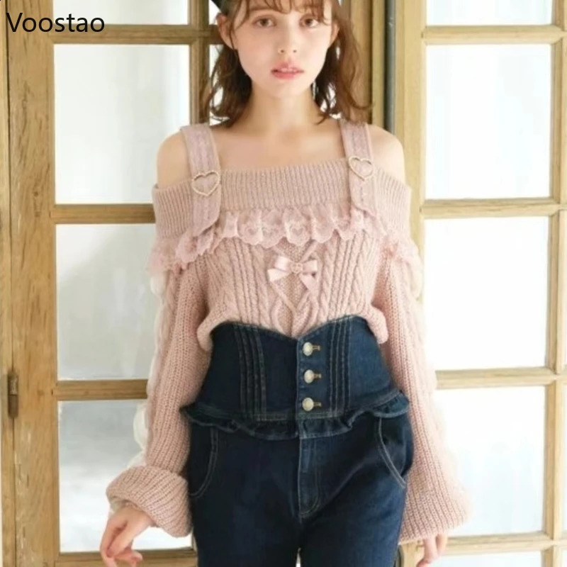 Japanese Cute Lolita Style Knitted Pullover Autumn Women Sweet Hearts Buckle Off Shoulder Lace Bow Sweater Girls Vintage Tops 240819