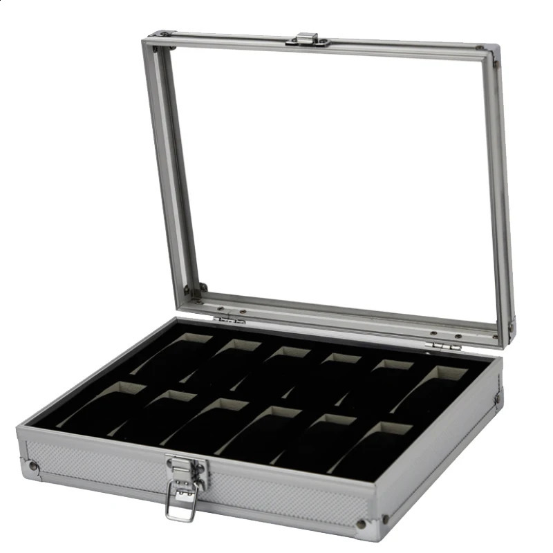 Useful aluminum alloy watch box with 12 grid slots jewelry display storage square case back rectangular stand 240812