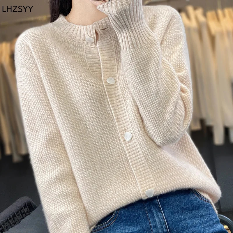 Womens 100% Merino wool knitted cardigan autumnwinter round neck casual jacket loose and warm womens top bottom shirt 240819