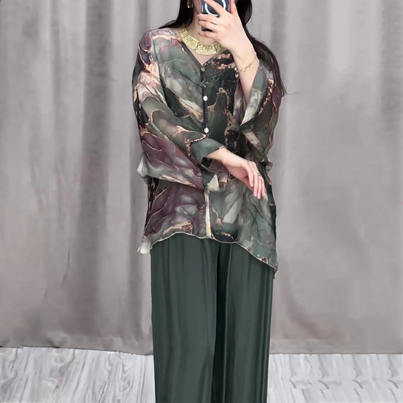 Retro Marble Print Loose Women Outfit Spring V Neck Button Blouse Shirt Pleated Pants 2pcs Autumn Long Sleeve Female Suits Set 240820