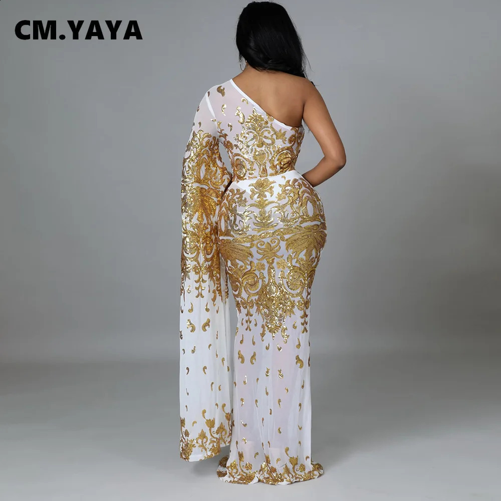 CM.YAYA Women Sequined Paisley Mesh See Though One Shoulder One Long Clock Sleeve Mermaid Maxi Dress Sexy Night Party Long Dress 240819