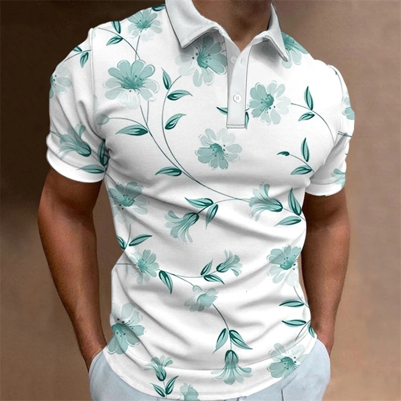 Mens Polo Shirt Street Casual Short Sleeve Flower Print Buttons Tops Fashion Pullover Oversized Clothing Male Golf Wear 240819