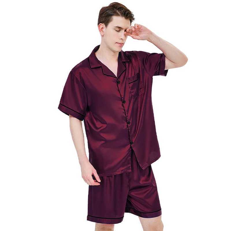 Ice silk pajamas mens short sleeved pajamas summer solid color pajamasW240719