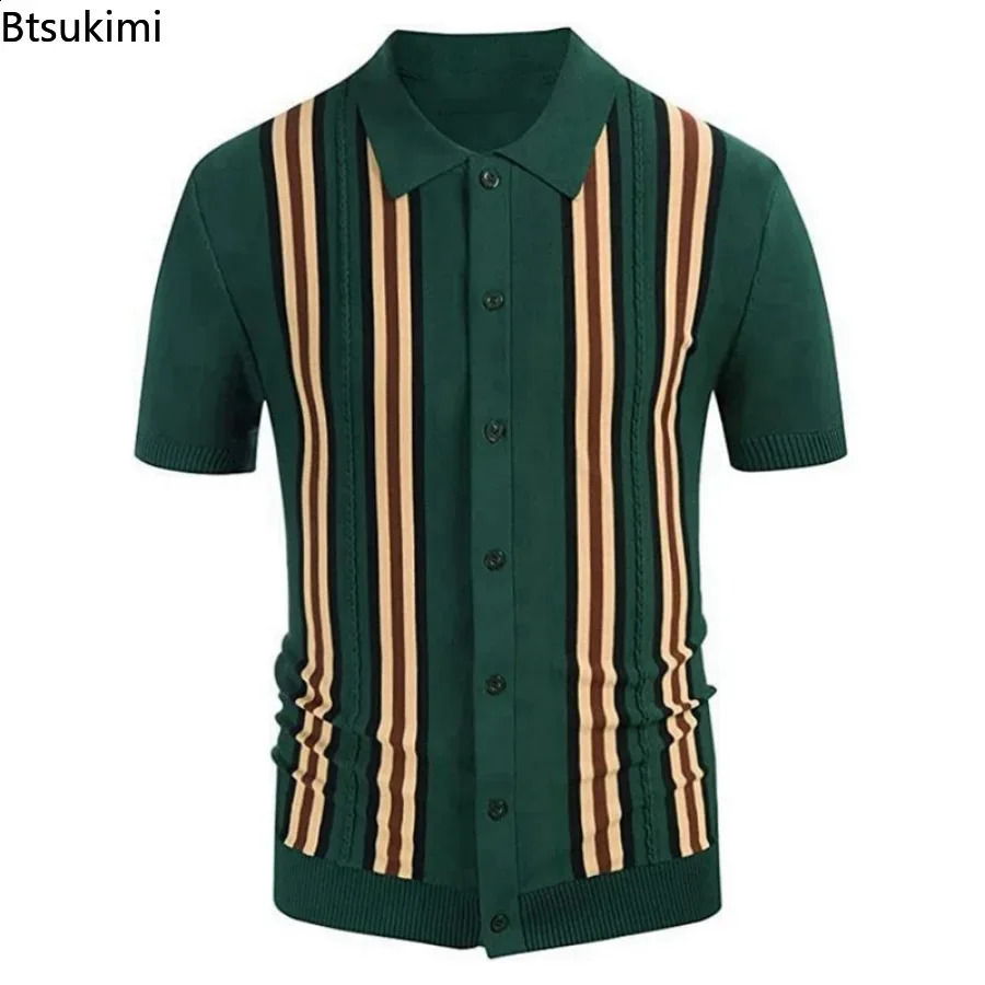 Spring Summer Mens Short Sleeve Polo Shirt Knitted Slim Business Cardigan Shirt Streetwear Casual Tops Camisa Masculina 240820