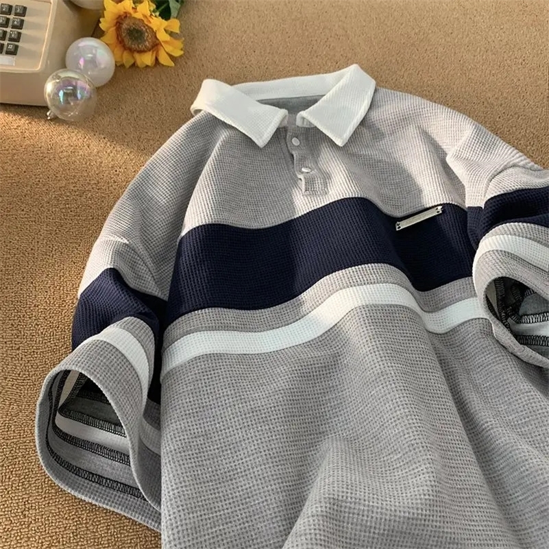 Trendy retro waffle polo shirt short sleeved t-shirts men and women summer loose American lovers casual personality top harajuku i240819