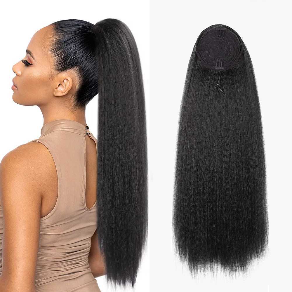 Synthetic wig 24 inch Yaki twisted straight ponytail with extended and brushed hair suitable for daily parties of black women W240817