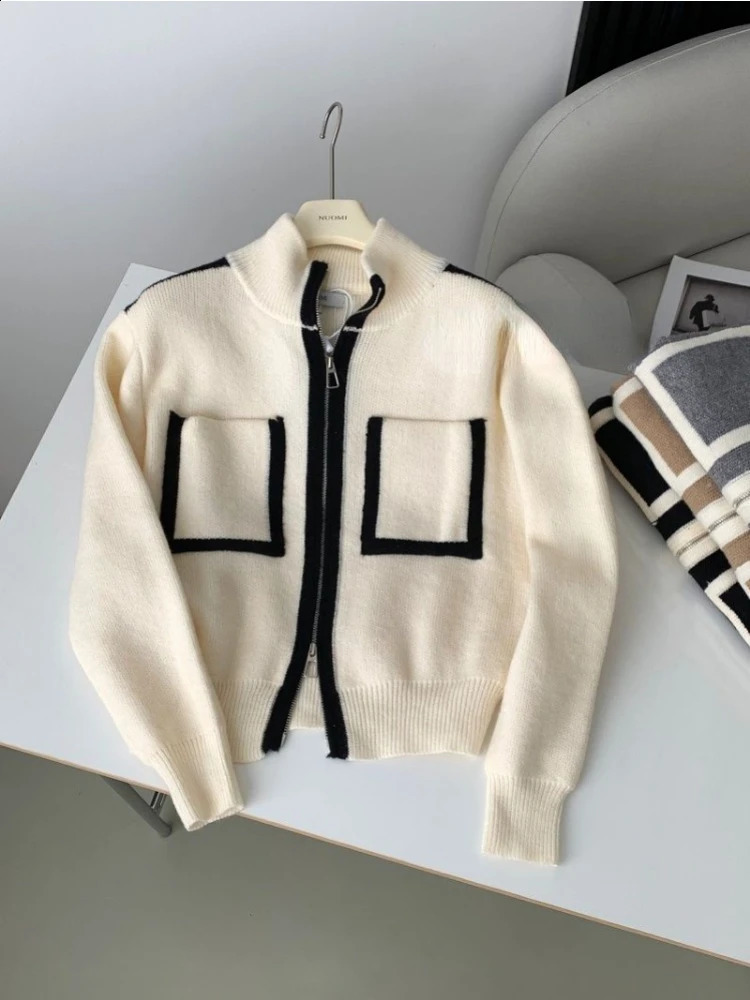 Y2k elegant casual knitted chic jumper double zipper pocket gentle cardigan womens loose stand up collar sweater Japan 240819
