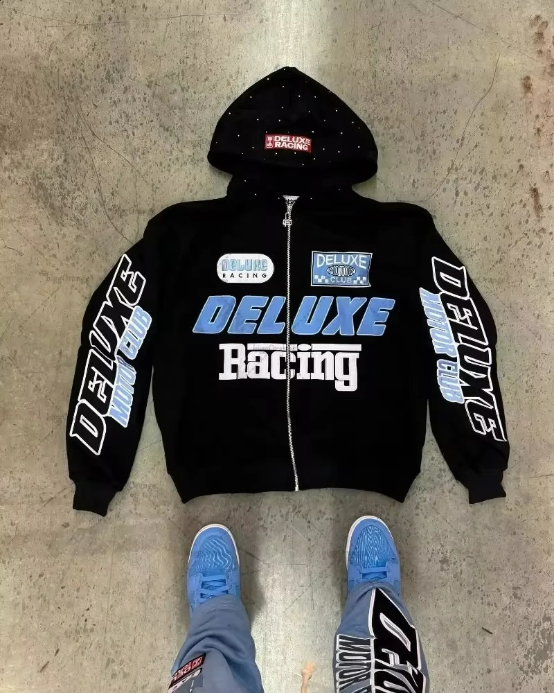 American Y2K Fleece Padded Zipper Hoodie Men Street Hip Hop Retro Joker Sweatshirt Couple Punk Warm Pattern Print Hoodie Top 240819