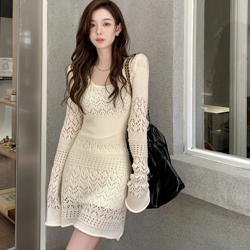 Sexy Hollow Out Elegant Knitted Women Solid V-neck Long Sleeve Mini Dress 240819
