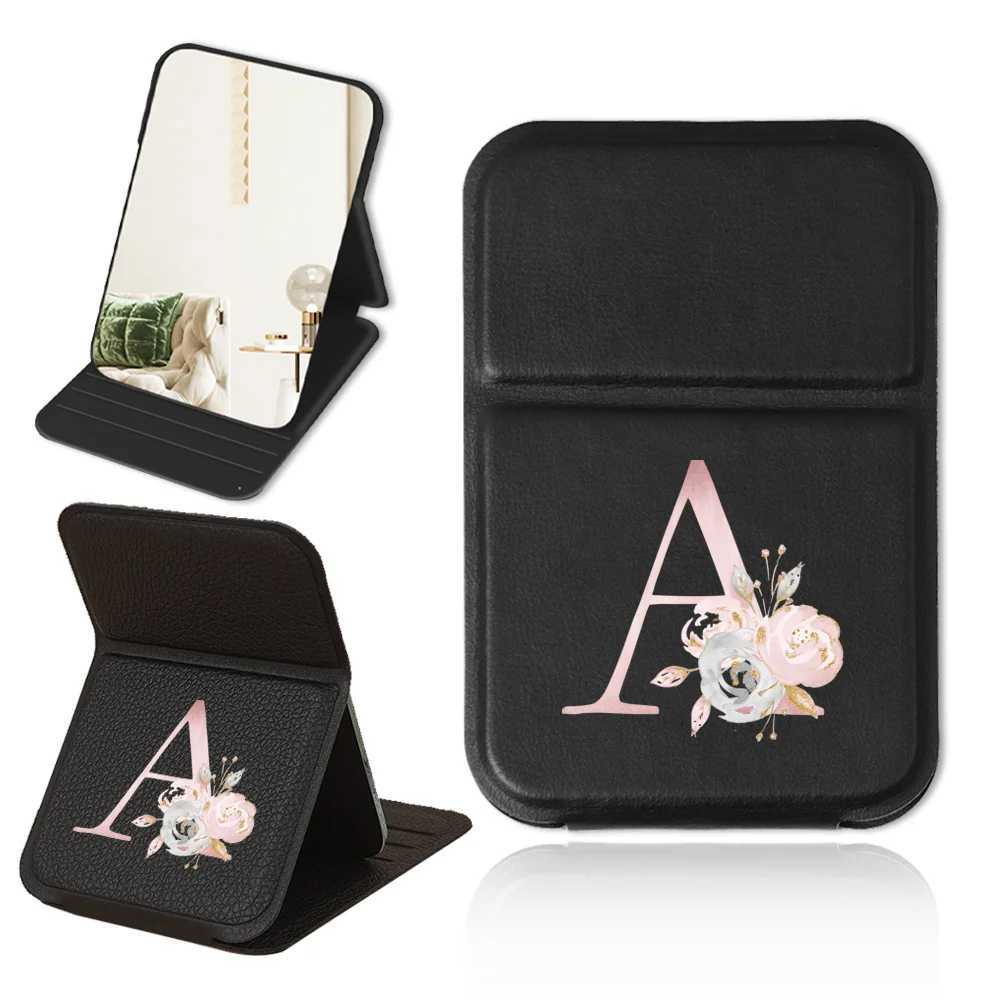 Portable Makeup Mirror Foldable Desktop PU Makeup Mirror Handheld Pocket Mirror Travel Cosmetic Tool Pink Flower Letter Pattern Y240819