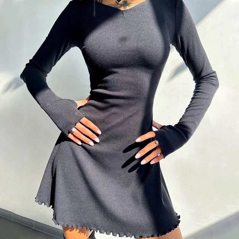 Cryptographic Solid Knitted Mini Dress for Women Elegant Outfits Fall Long Sleeve Bandage A-Line Vestido Plunge Dresses Clothes 240819
