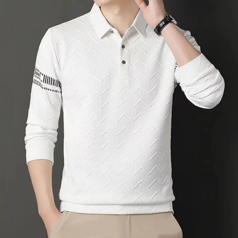 Korean Simple Autumn Casual Mens Polo Shirt Solid Print Lapel Button Jacquard Fashion Loose Trend Versatile Long Sleeve Top 240820